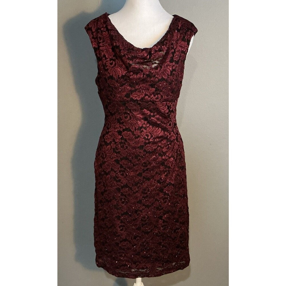 Scarlett Cocktail Evening Dress Burgundy Lace Overlay Black Sparkle Women’s 10